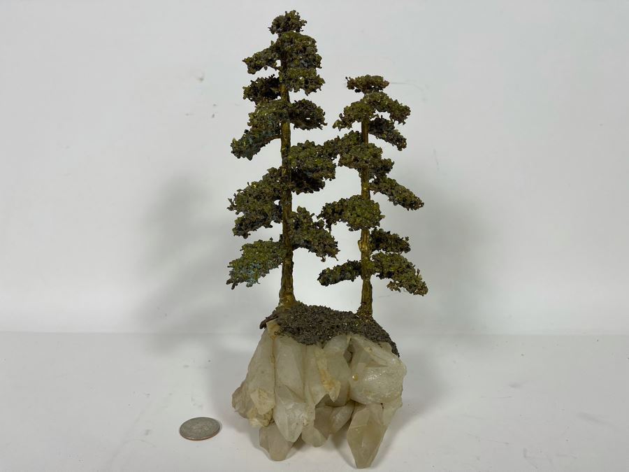 Handmade Metal Tree Sculpture With Quartz Crystal Base Signed Bell  [Photo 3]