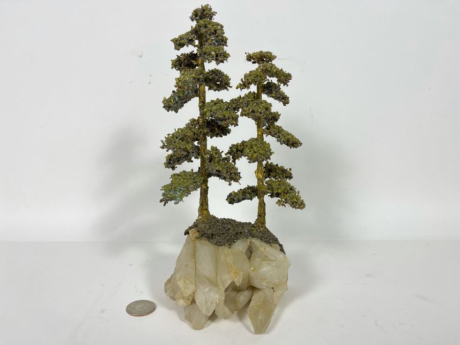 Handmade Metal Tree Sculpture With Quartz Crystal Base Signed Bell  [Photo 2]