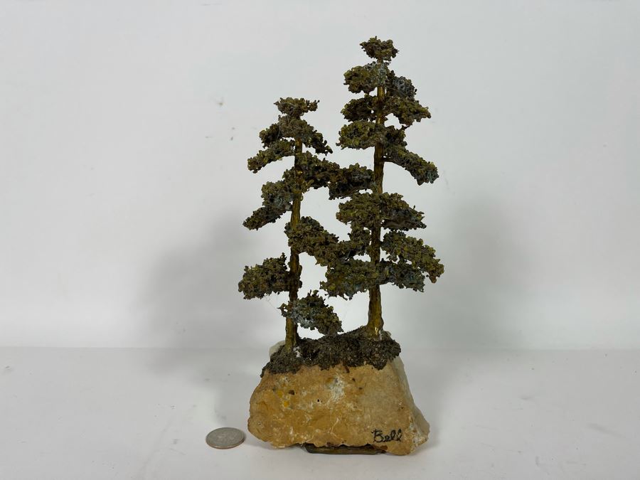 Handmade Metal Tree Sculpture With Quartz Crystal Base Signed Bell  [Photo 6]