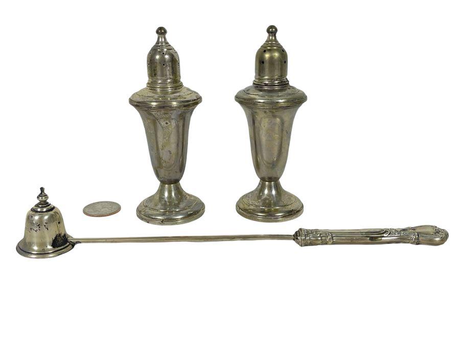 Gorham Sterling Silver Candle Snuffer And Sterling Silver Weighted Salt & Pepper Shakers 