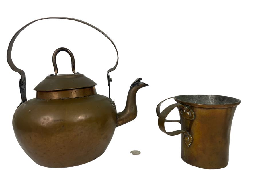 Vintage Copper Teapot 11W X 12H And Two-Handled Copper Cup [Photo 1]