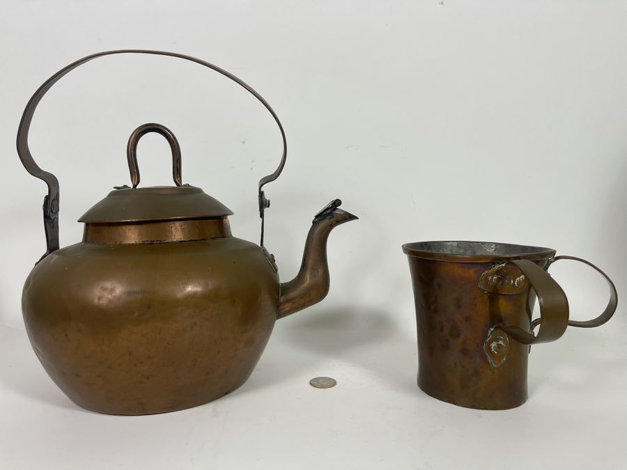 Vintage Copper Teapot 11W X 12H And Two-Handled Copper Cup [Photo 3]