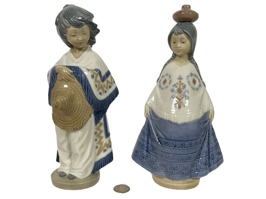 Pair Of Nao By Lladro Figurines With Original Boxes  No. 359 & 360 Mexican Girl With Poncho & Straw Hat & Mexican Girl With Jug Vase 11H  [Photo 1]