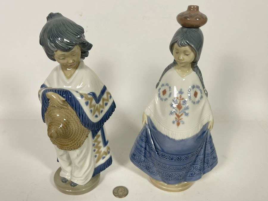 Pair Of Nao By Lladro Figurines With Original Boxes  No. 359 & 360 Mexican Girl With Poncho & Straw Hat & Mexican Girl With Jug Vase 11H  [Photo 5]