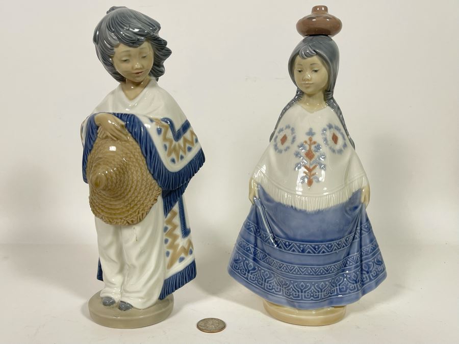 Pair Of Nao By Lladro Figurines With Original Boxes  No. 359 & 360 Mexican Girl With Poncho & Straw Hat & Mexican Girl With Jug Vase 11H  [Photo 4]