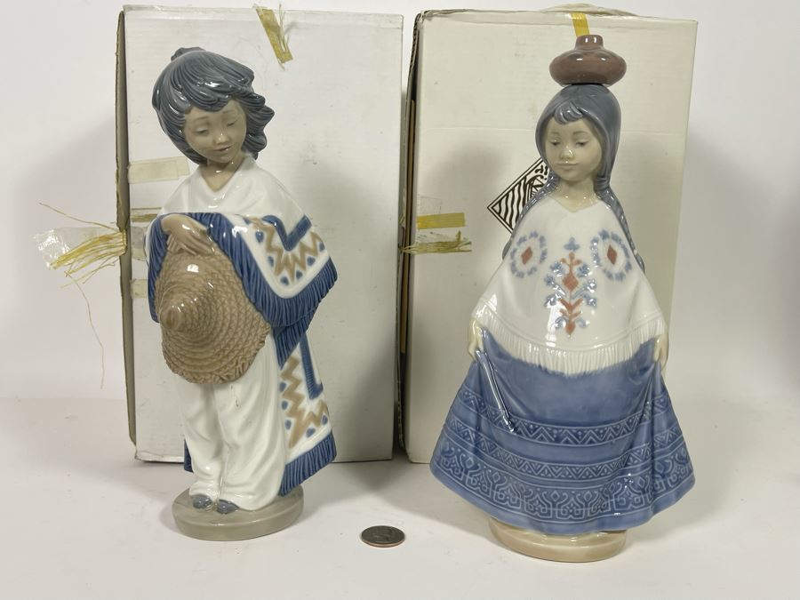 Pair Of Nao By Lladro Figurines With Original Boxes  No. 359 & 360 Mexican Girl With Poncho & Straw Hat & Mexican Girl With Jug Vase 11H  [Photo 2]