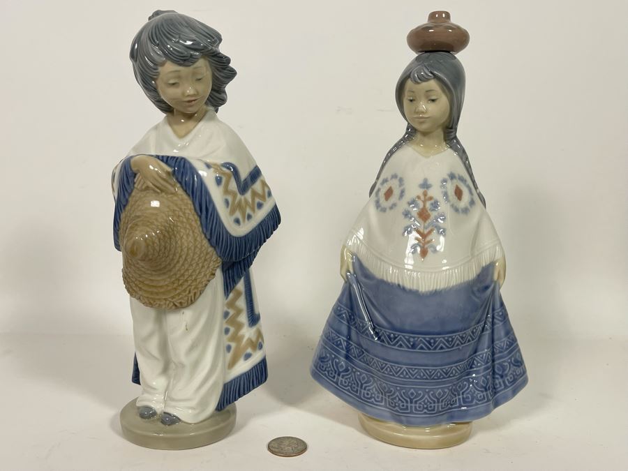 Pair Of Nao By Lladro Figurines With Original Boxes  No. 359 & 360 Mexican Girl With Poncho & Straw Hat & Mexican Girl With Jug Vase 11H  [Photo 3]
