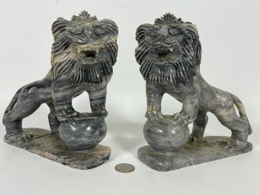 Pair Of Carved Stone Foo Dogs From Da Nang Vietnam (China Beach) 7W X 2.5D X 7.5H [Photo 4]