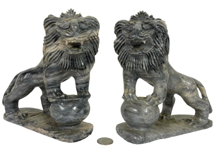 Pair Of Carved Stone Foo Dogs From Da Nang Vietnam (China Beach) 7W X 2.5D X 7.5H