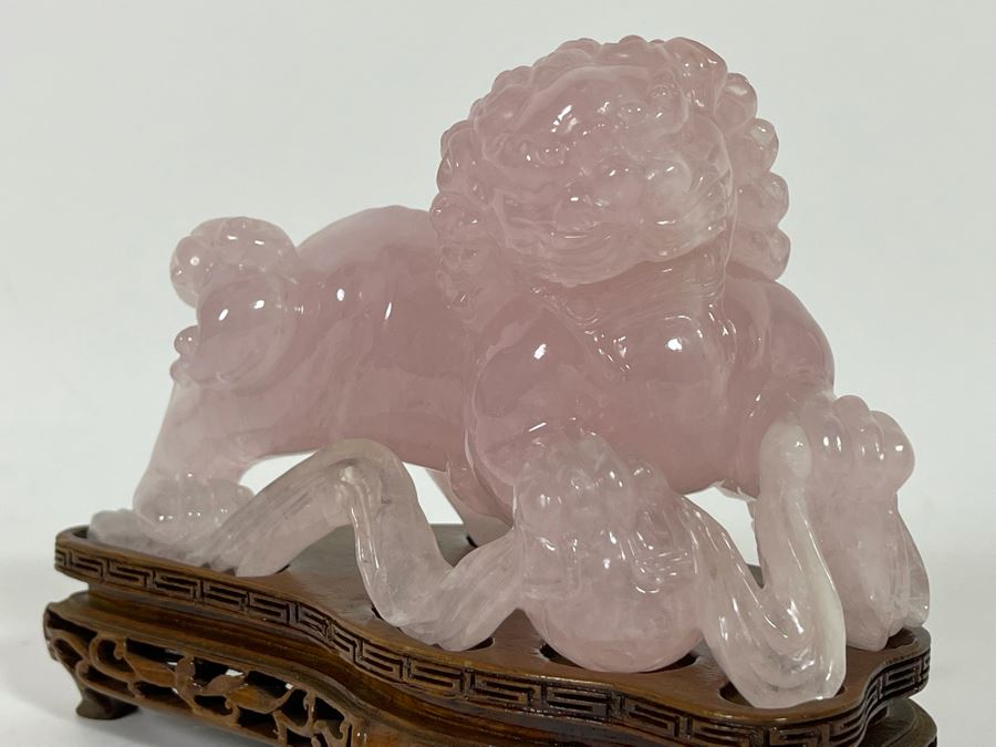 Chinese Rose Quartz Carved Foo Dog With Wooden Stand 6.5W X 3D X 5H [Photo 9]