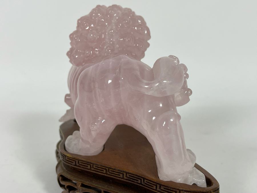 Chinese Rose Quartz Carved Foo Dog With Wooden Stand 6.5W X 3D X 5H [Photo 13]