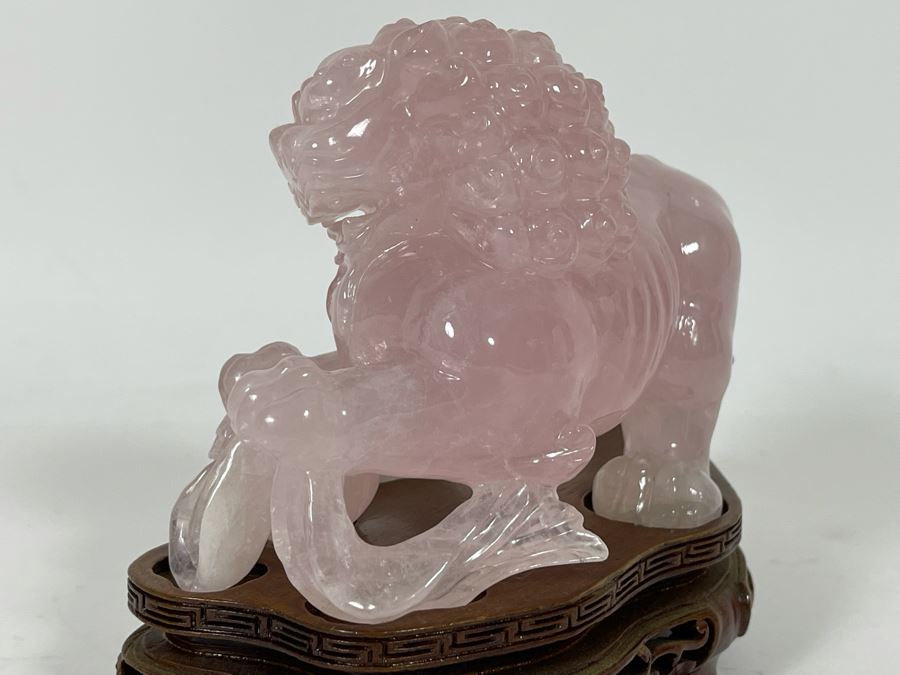 Chinese Rose Quartz Carved Foo Dog With Wooden Stand 6.5W X 3D X 5H [Photo 10]
