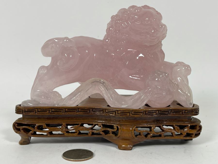 Chinese Rose Quartz Carved Foo Dog With Wooden Stand 6.5W X 3D X 5H [Photo 5]
