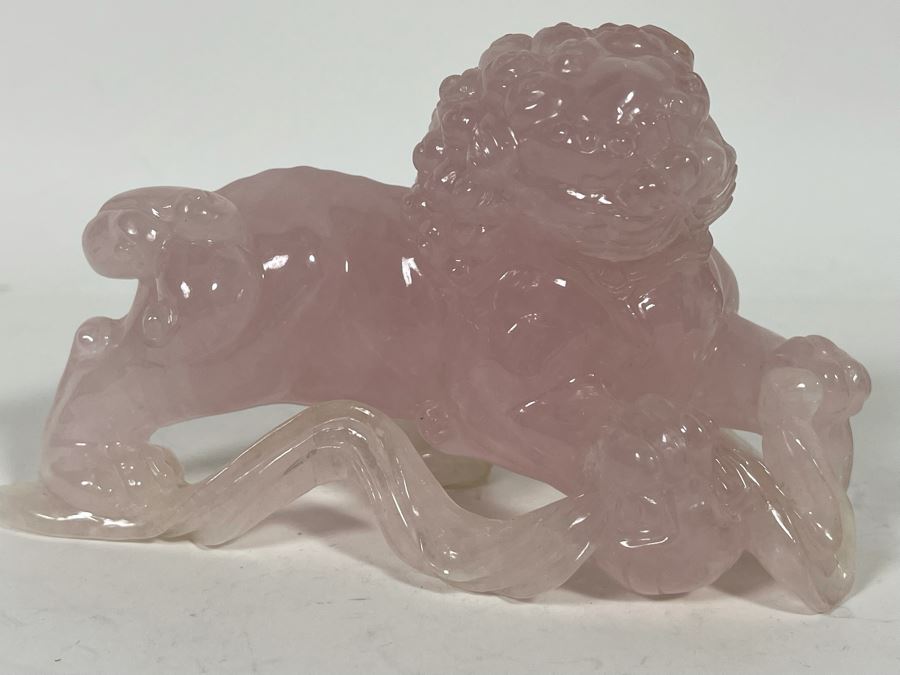 Chinese Rose Quartz Carved Foo Dog With Wooden Stand 6.5W X 3D X 5H [Photo 20]