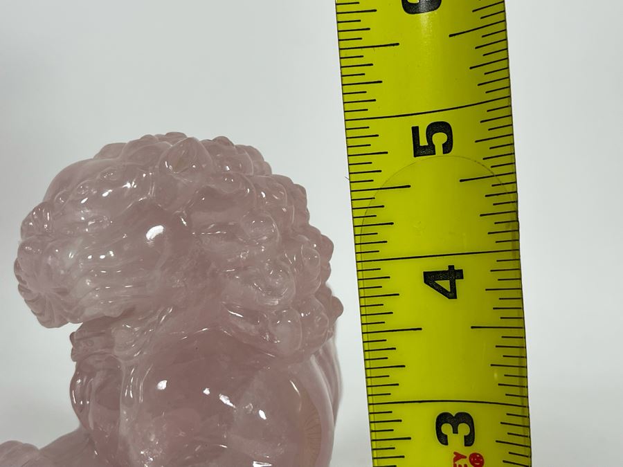 Chinese Rose Quartz Carved Foo Dog With Wooden Stand 6.5W X 3D X 5H [Photo 21]