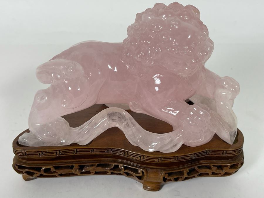 Chinese Rose Quartz Carved Foo Dog With Wooden Stand 6.5W X 3D X 5H [Photo 15]