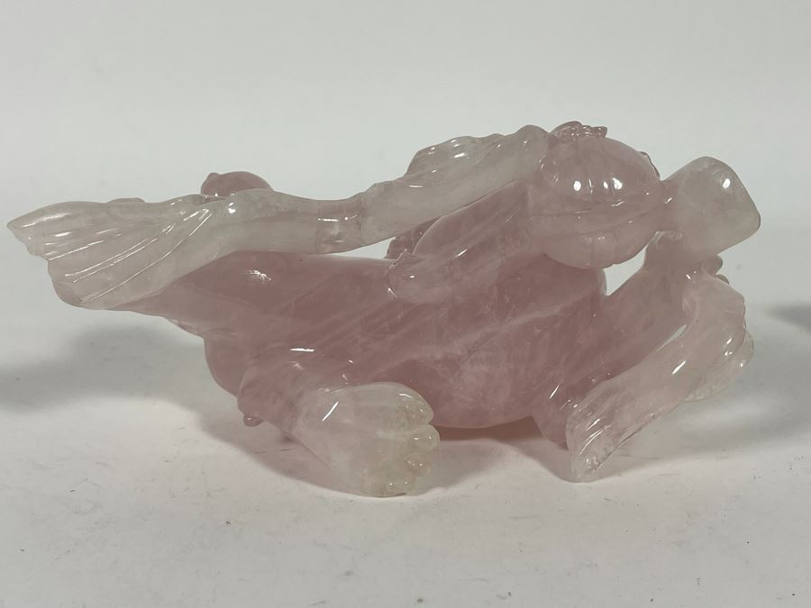 Chinese Rose Quartz Carved Foo Dog With Wooden Stand 6.5W X 3D X 5H [Photo 18]