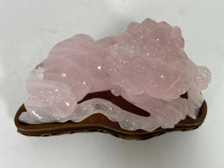 Chinese Rose Quartz Carved Foo Dog With Wooden Stand 6.5W X 3D X 5H [Photo 14]
