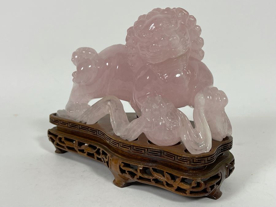 Chinese Rose Quartz Carved Foo Dog With Wooden Stand 6.5W X 3D X 5H [Photo 7]