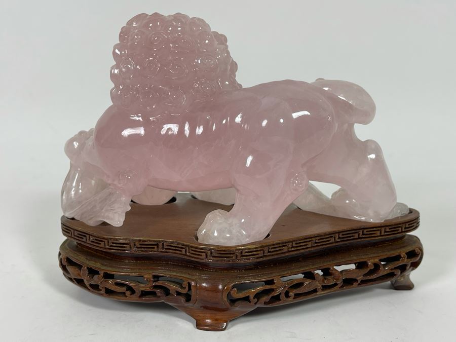 Chinese Rose Quartz Carved Foo Dog With Wooden Stand 6.5W X 3D X 5H [Photo 12]