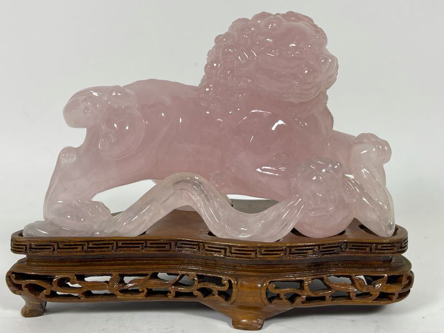 Chinese Rose Quartz Carved Foo Dog With Wooden Stand 6.5W X 3D X 5H [Photo 6]