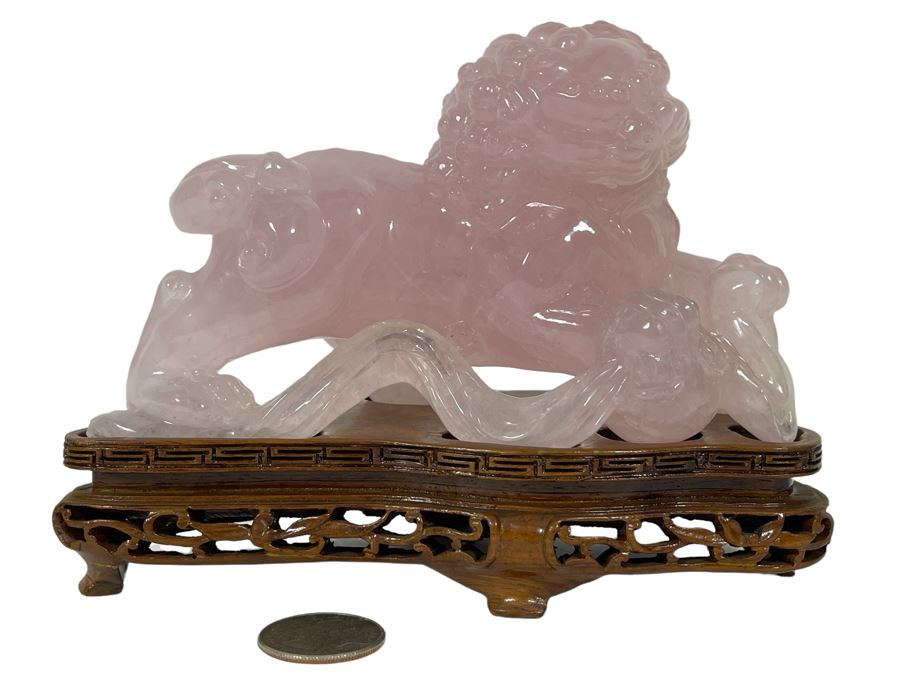 Chinese Rose Quartz Carved Foo Dog With Wooden Stand 6.5W X 3D X 5H [Photo 2]