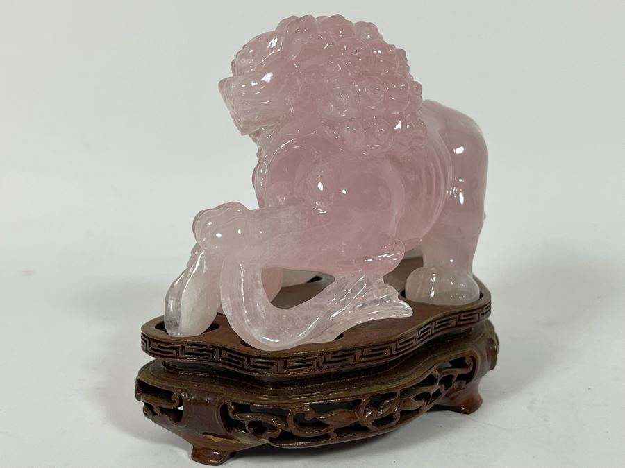 Chinese Rose Quartz Carved Foo Dog With Wooden Stand 6.5W X 3D X 5H [Photo 11]