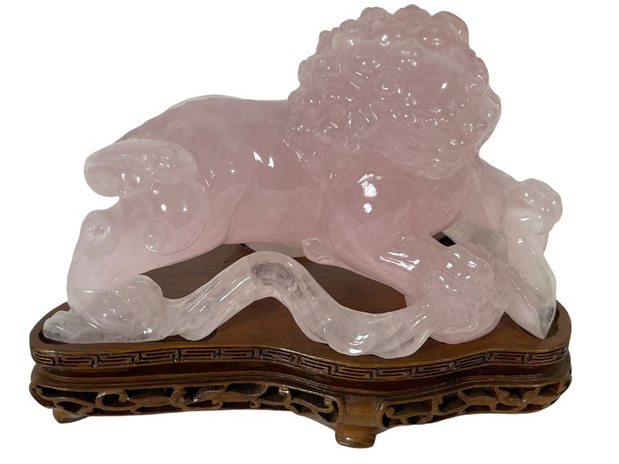 Chinese Rose Quartz Carved Foo Dog With Wooden Stand 6.5W X 3D X 5H [Photo 3]