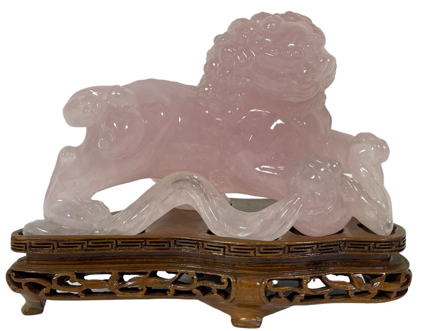 Chinese Rose Quartz Carved Foo Dog With Wooden Stand 6.5W X 3D X 5H