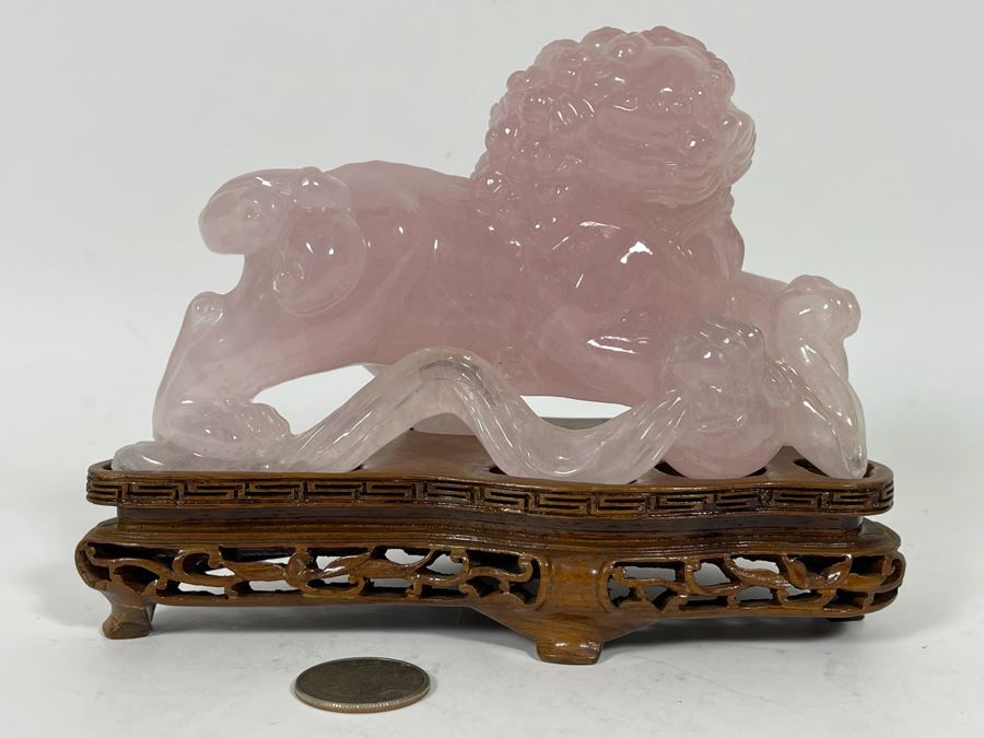Chinese Rose Quartz Carved Foo Dog With Wooden Stand 6.5W X 3D X 5H [Photo 4]