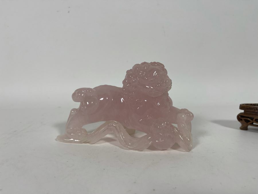 Chinese Rose Quartz Carved Foo Dog With Wooden Stand 6.5W X 3D X 5H [Photo 19]