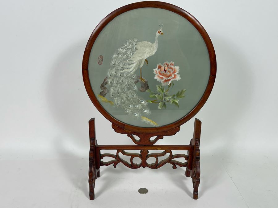 Vintage Chinese Double-Sided Silk Suzhou Embroidery Of Peacock Signed With Wooden Frame 10W X 18H [Photo 15]