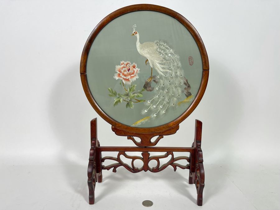 Vintage Chinese Double-Sided Silk Suzhou Embroidery Of Peacock Signed With Wooden Frame 10W X 18H [Photo 5]