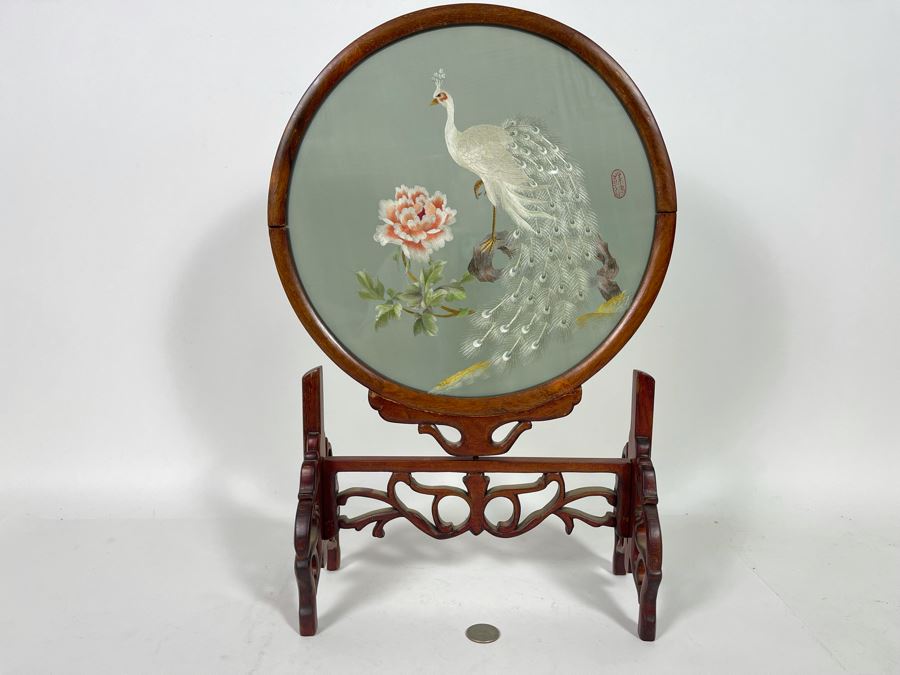 Vintage Chinese Double-Sided Silk Suzhou Embroidery Of Peacock Signed With Wooden Frame 10W X 18H [Photo 4]