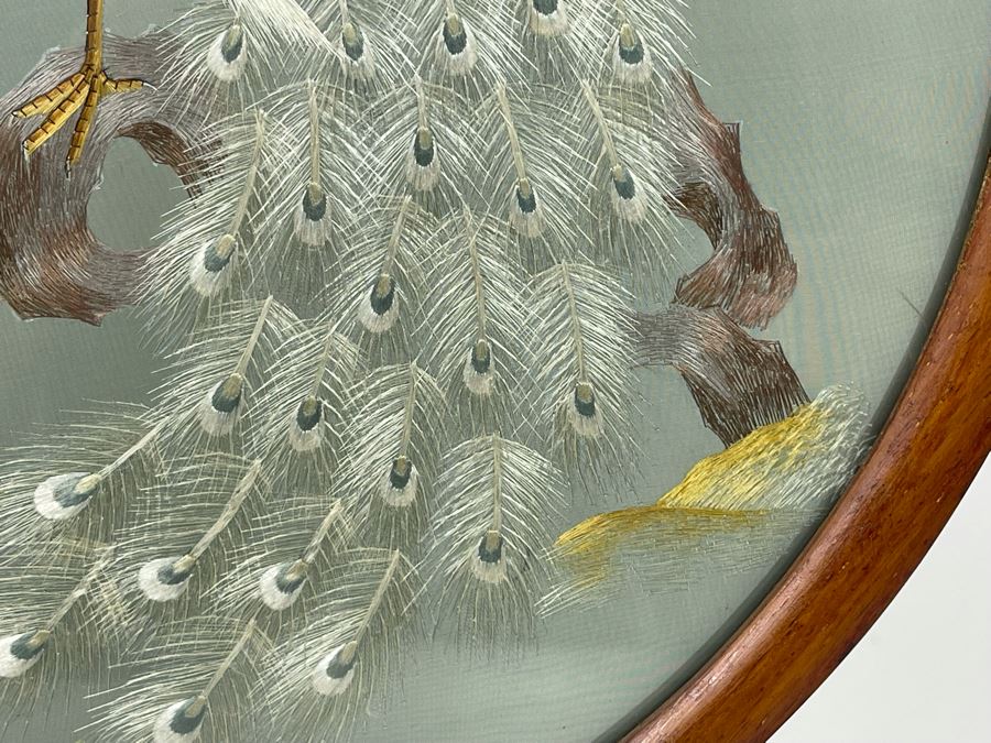 Vintage Chinese Double-Sided Silk Suzhou Embroidery Of Peacock Signed With Wooden Frame 10W X 18H [Photo 10]