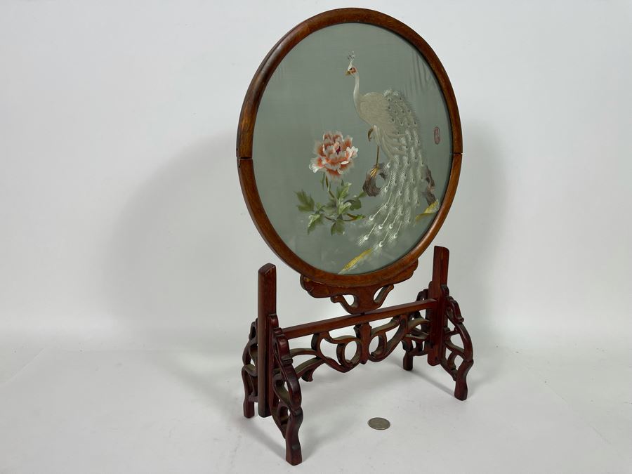 Vintage Chinese Double-Sided Silk Suzhou Embroidery Of Peacock Signed With Wooden Frame 10W X 18H [Photo 14]