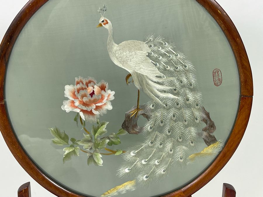 Vintage Chinese Double-Sided Silk Suzhou Embroidery Of Peacock Signed With Wooden Frame 10W X 18H [Photo 6]