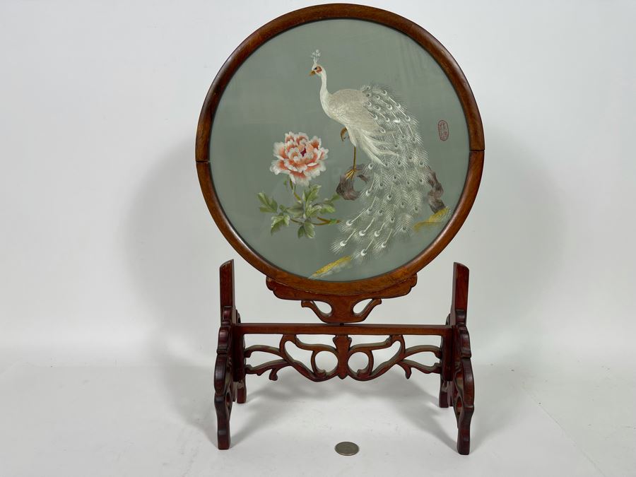 Vintage Chinese Double-Sided Silk Suzhou Embroidery Of Peacock Signed With Wooden Frame 10W X 18H [Photo 3]