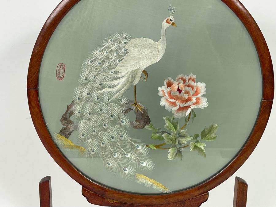 Vintage Chinese Double-Sided Silk Suzhou Embroidery Of Peacock Signed With Wooden Frame 10W X 18H [Photo 16]