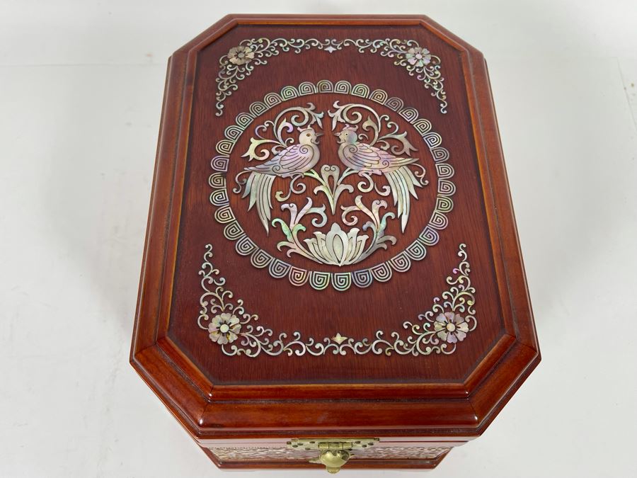 Vintage Korean Mother Of Pearl Inlay Jewelry Box With Folding Mirror 10W X 8D X 5.5H [Photo 10]