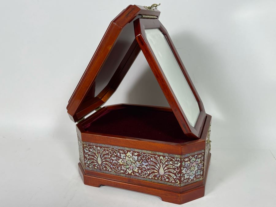Vintage Korean Mother Of Pearl Inlay Jewelry Box With Folding Mirror 10W X 8D X 5.5H [Photo 12]