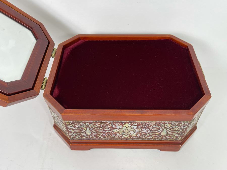 Vintage Korean Mother Of Pearl Inlay Jewelry Box With Folding Mirror 10W X 8D X 5.5H [Photo 13]