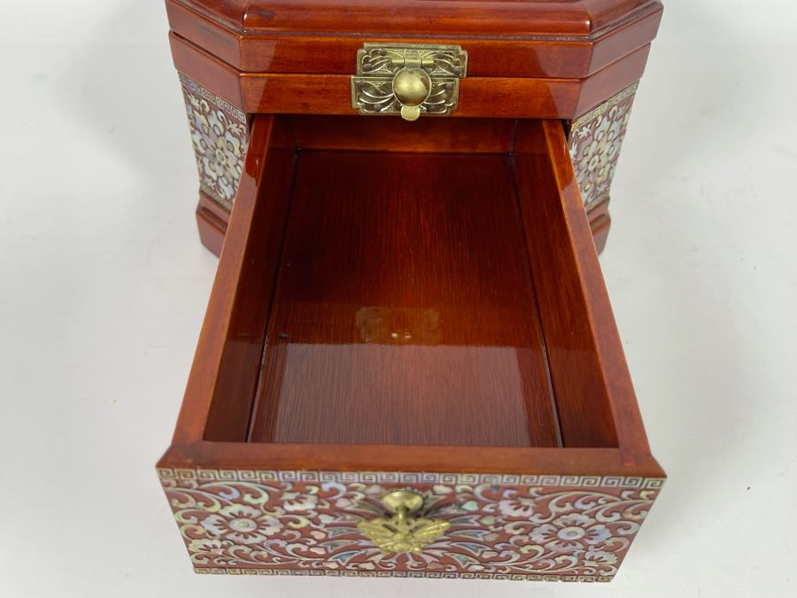 Vintage Korean Mother Of Pearl Inlay Jewelry Box With Folding Mirror 10W X 8D X 5.5H [Photo 14]