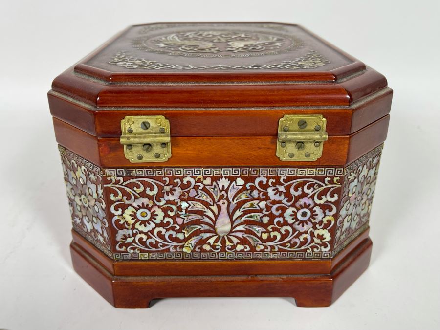 Vintage Korean Mother Of Pearl Inlay Jewelry Box With Folding Mirror 10W X 8D X 5.5H [Photo 9]