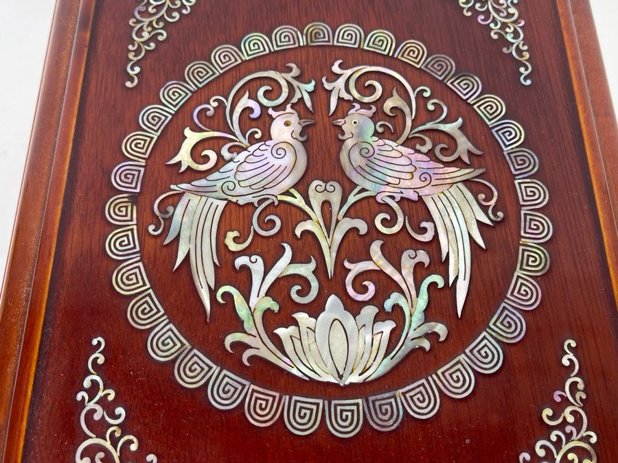 Vintage Korean Mother Of Pearl Inlay Jewelry Box With Folding Mirror 10W X 8D X 5.5H [Photo 11]