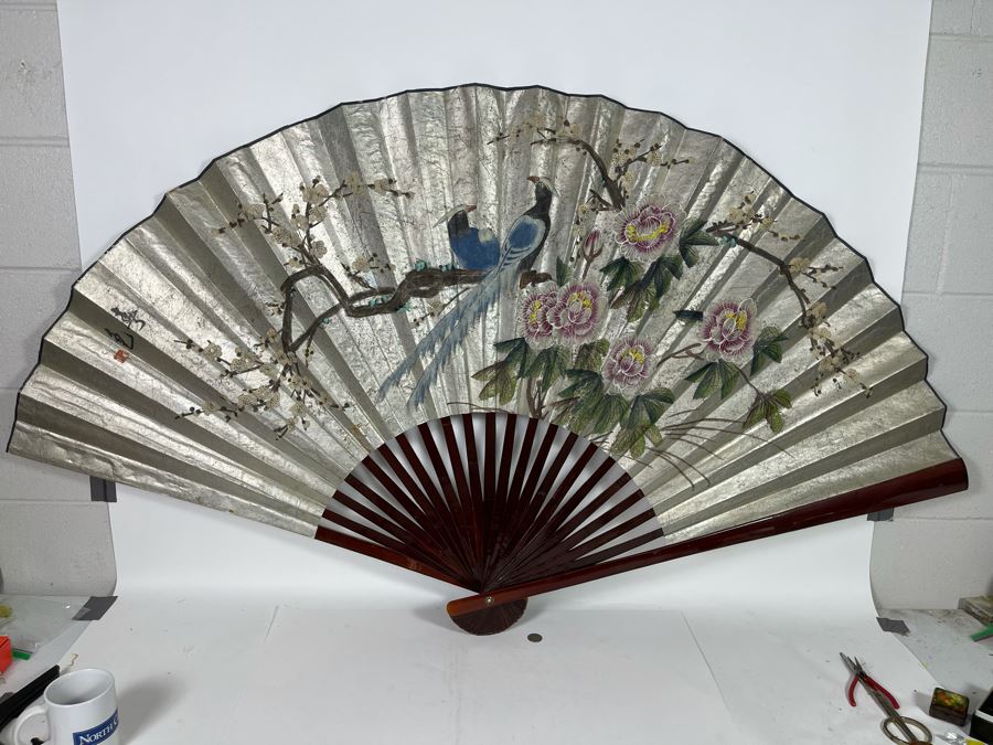 Large Hand Painted Chinese Fan 64W X 35H [Photo 3]