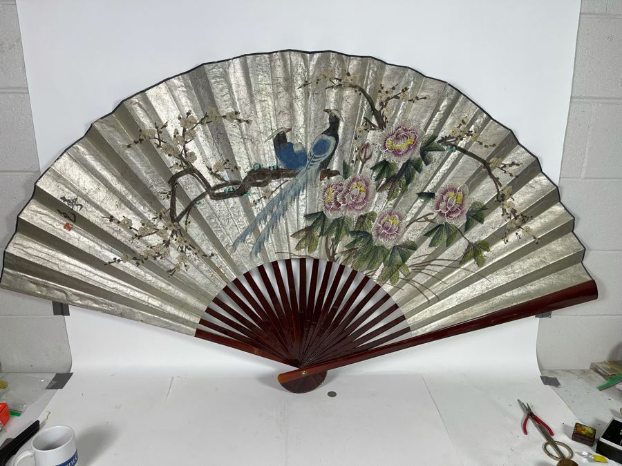 Large Hand Painted Chinese Fan 64W X 35H [Photo 4]