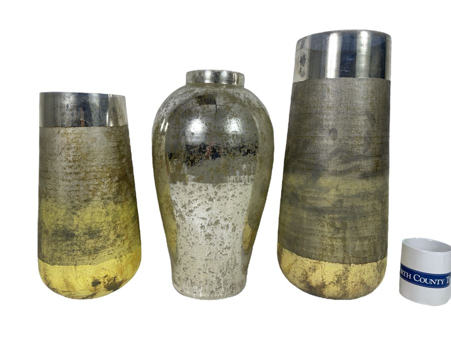 Three Silver And Gold Tone Vases Largest Is 18H