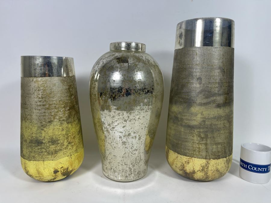 Three Silver And Gold Tone Vases Largest Is 18H [Photo 2]