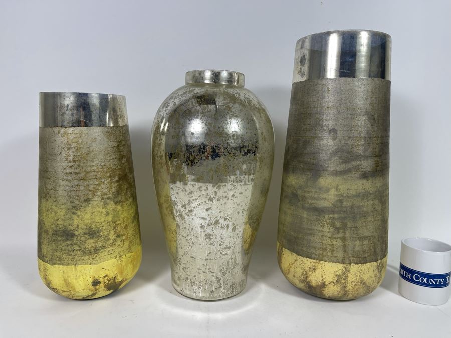 Three Silver And Gold Tone Vases Largest Is 18H [Photo 3]